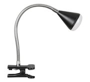 LED-Klemmleuchte mit flexiblem Hals und schwarzem Lampenschirm, seitliche Perspektive