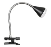 LED-Klemmleuchte mit flexiblem Hals und schwarzem Lampenschirm, seitliche Perspektive