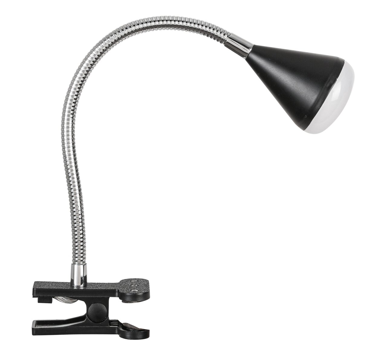 LED-Klemmleuchte mit flexiblem Hals und schwarzem Lampenschirm, seitliche Perspektive