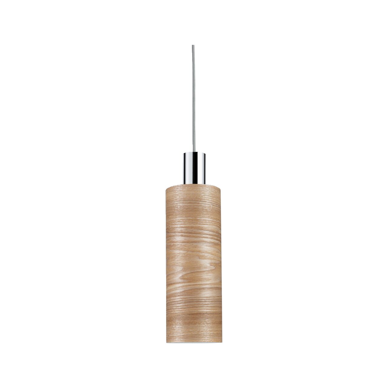 Cilindrische hanglamp van hout met metalen accenten, gezien van voren