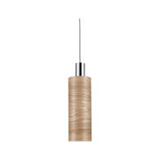 Cilindrische hanglamp van hout met metalen accenten, gezien van voren