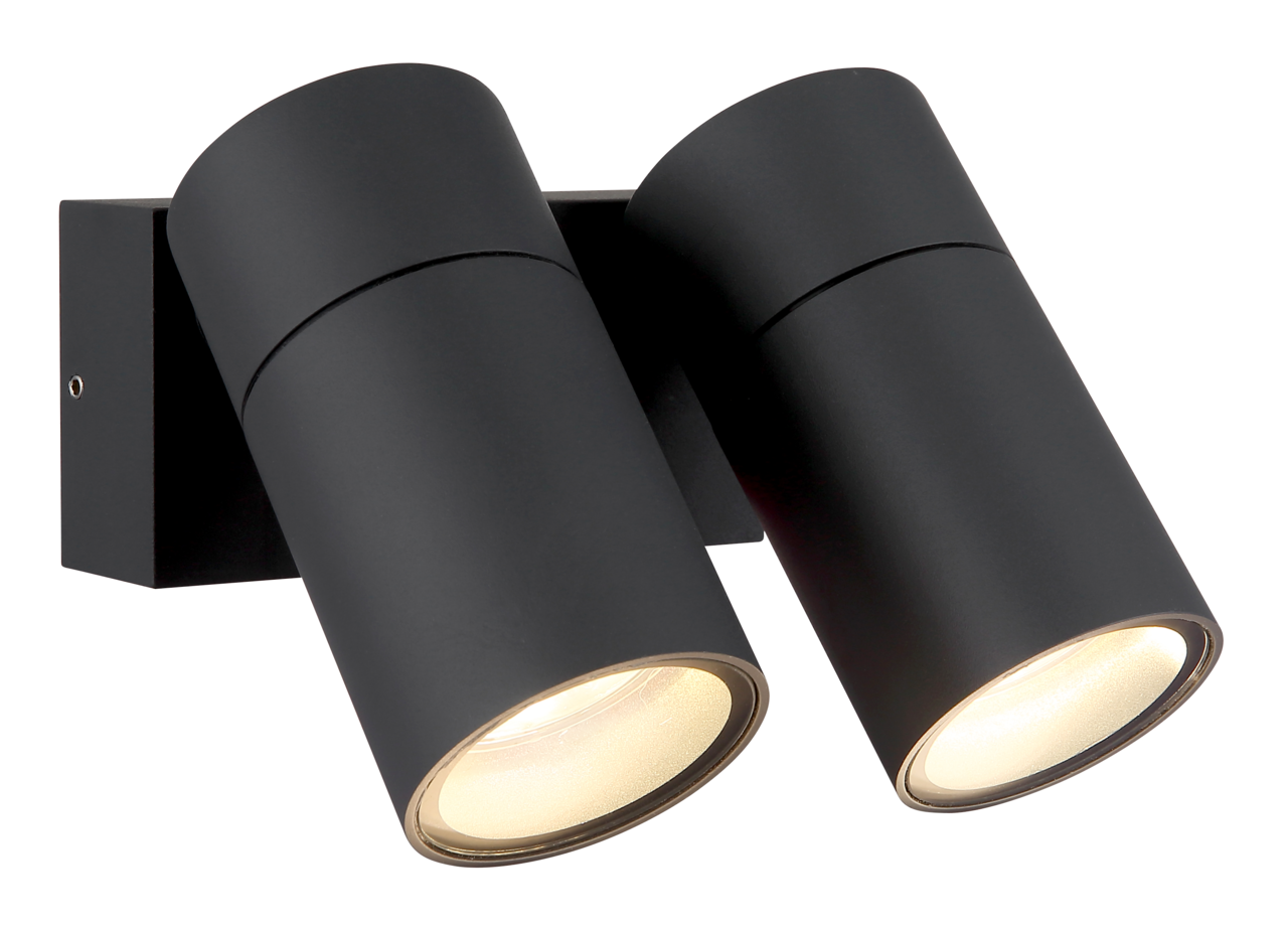 Moderne schwarze Außenwandleuchte mit zwei zylindrischen Strahlern, seitliche Perspektive