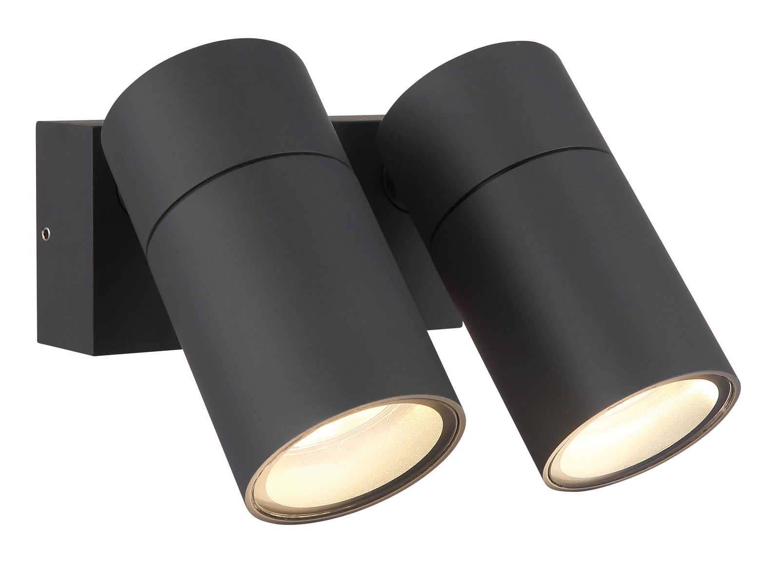 Moderne schwarze Außenwandleuchte mit zwei zylindrischen Strahlern, seitliche Perspektive