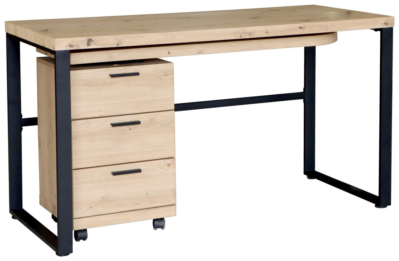 Moderner Funktionsschreibtisch aus Holz mit drei Schubladen und schwarzem Metallrahmen, seitliche Perspektive