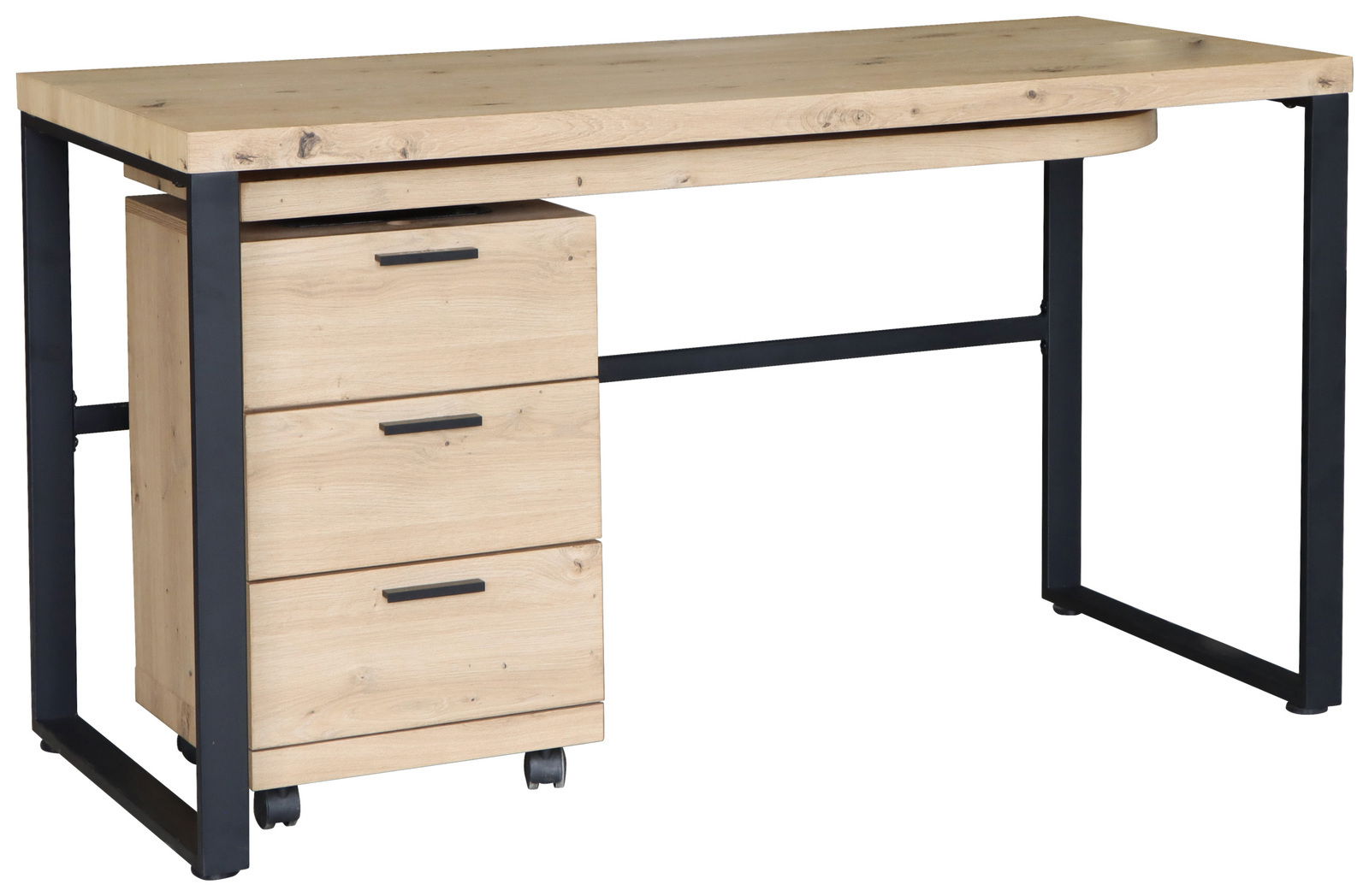 Moderner Funktionsschreibtisch aus Holz mit drei Schubladen und schwarzem Metallrahmen, seitliche Perspektive