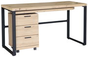 Moderner Funktionsschreibtisch aus Holz mit drei Schubladen und schwarzem Metallrahmen, seitliche Perspektive
