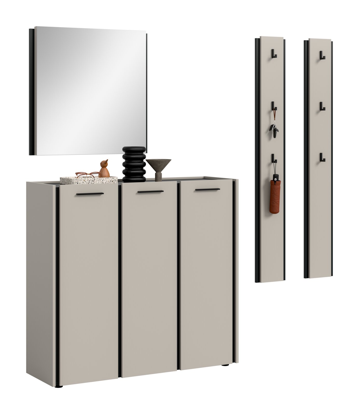 MID.YOU Garderobenkombination EMIL Modernes Garderoben-Set in Beige mit schwarzem Rahmen: dreitüriger Schuhschrank mit Griffen, darüber großer Spiegel sowie zwei schmale Wandpaneele mit Haken; Ansicht schräg von vorn (3/4-Perspektive) auf weißem Hintergrund.