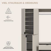 Geöffneter, hellgrauer Hochschrank mit mehreren Einlegeböden und viel Stauraum, frontal leicht seitlich von vorn dargestellt; daneben Infografik mit Hinweisen zu viel Stauraum, Kippschutzsicherung und individueller Kombinierbarkeit.