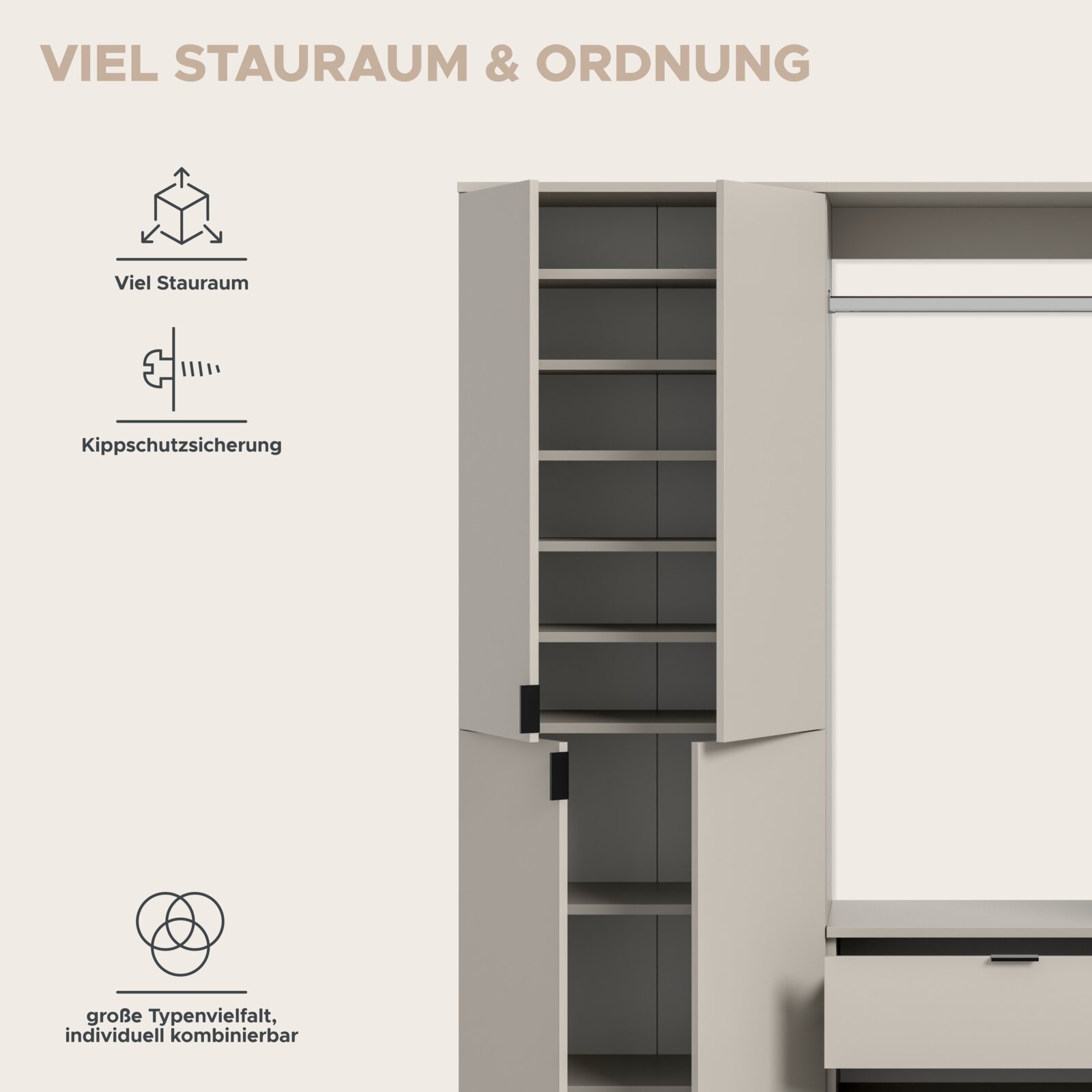 Geöffneter, hellgrauer Hochschrank mit mehreren Einlegeböden und viel Stauraum, frontal leicht seitlich von vorn dargestellt; daneben Infografik mit Hinweisen zu viel Stauraum, Kippschutzsicherung und individueller Kombinierbarkeit.