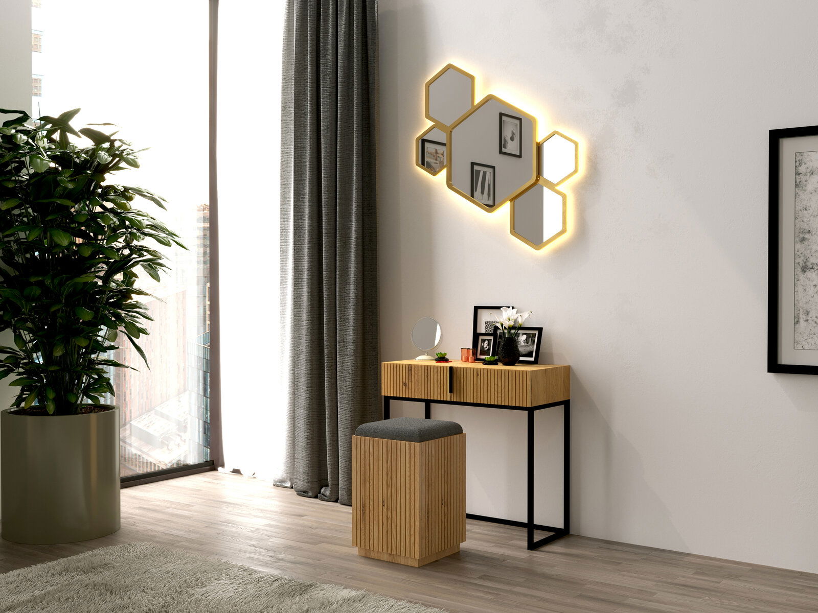 Moderner Hocker mit Holzverkleidung und gepolsterter Sitzfläche, im Vordergrund eines stilvollen Wohnzimmers mit Blick auf einen eleganten Schminktisch und dekorative Wandelemente.