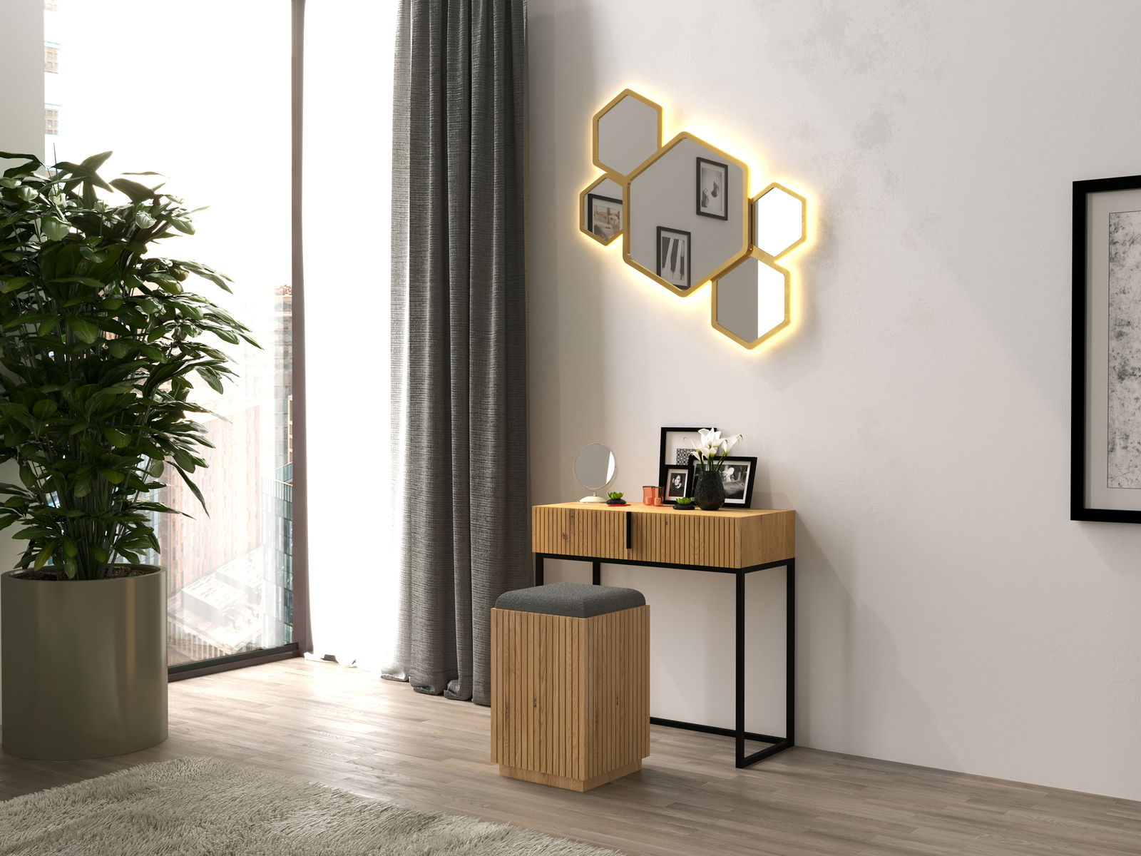 Moderner Hocker mit Holzverkleidung und gepolsterter Sitzfläche, im Vordergrund eines stilvollen Wohnzimmers mit Blick auf einen eleganten Schminktisch und dekorative Wandelemente.