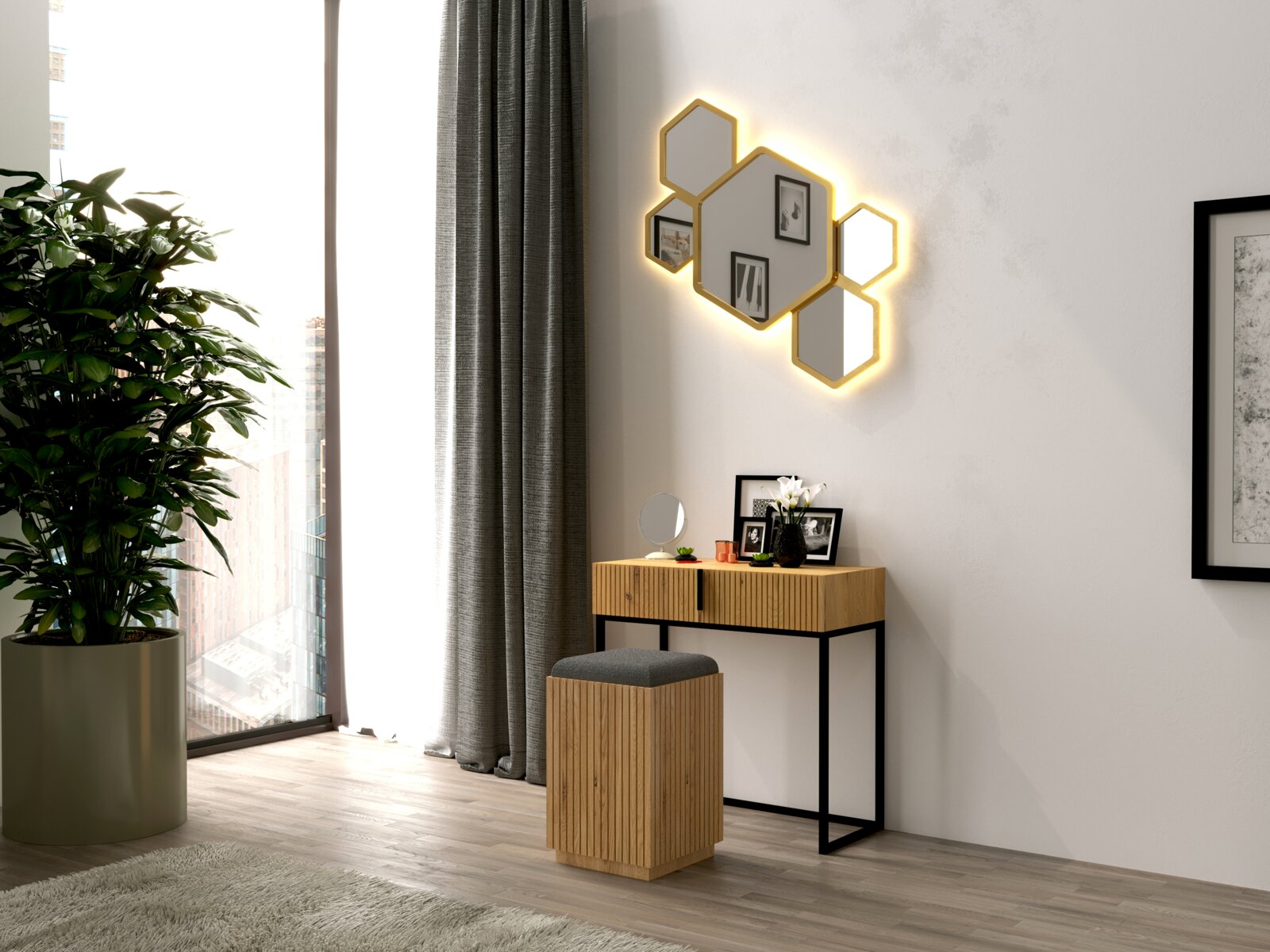 Moderner Hocker mit Holzverkleidung und gepolsterter Sitzfläche, im Vordergrund eines stilvollen Wohnzimmers mit Blick auf einen eleganten Schminktisch und dekorative Wandelemente.