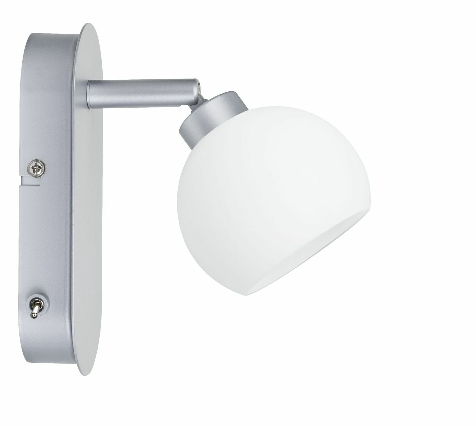 Silberne Wandlampe mit rundem, weißem Lampenschirm, seitliche Perspektive