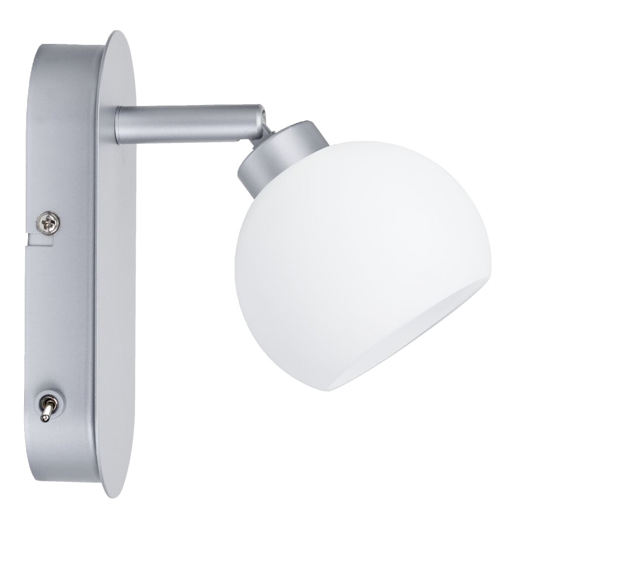 Silberne Wandlampe mit rundem, weißem Lampenschirm, seitliche Perspektive