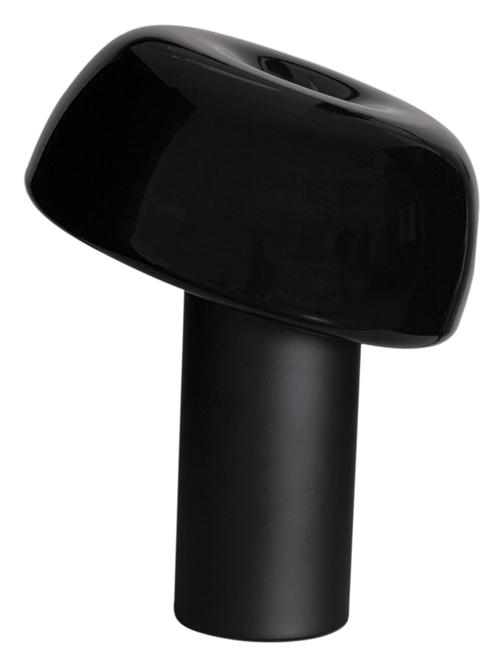 Schwarze Tischleuchte Lean on Me, seitliche Perspektive, modernes Design mit geneigtem Lampenschirm.