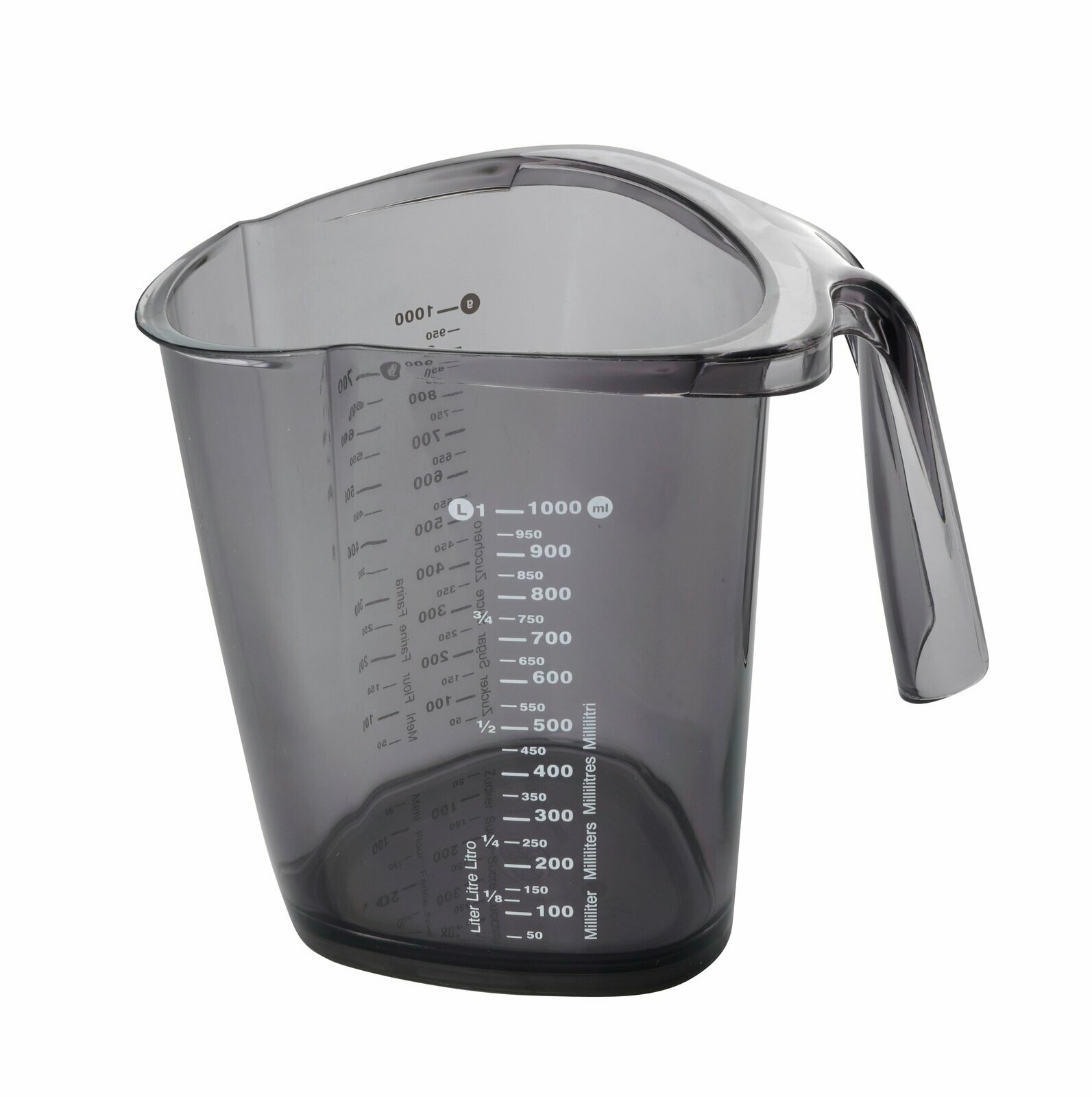 Transparenter Messbecher mit 1 Liter Fassungsvermögen, seitliche Skala, seitliche Perspektive