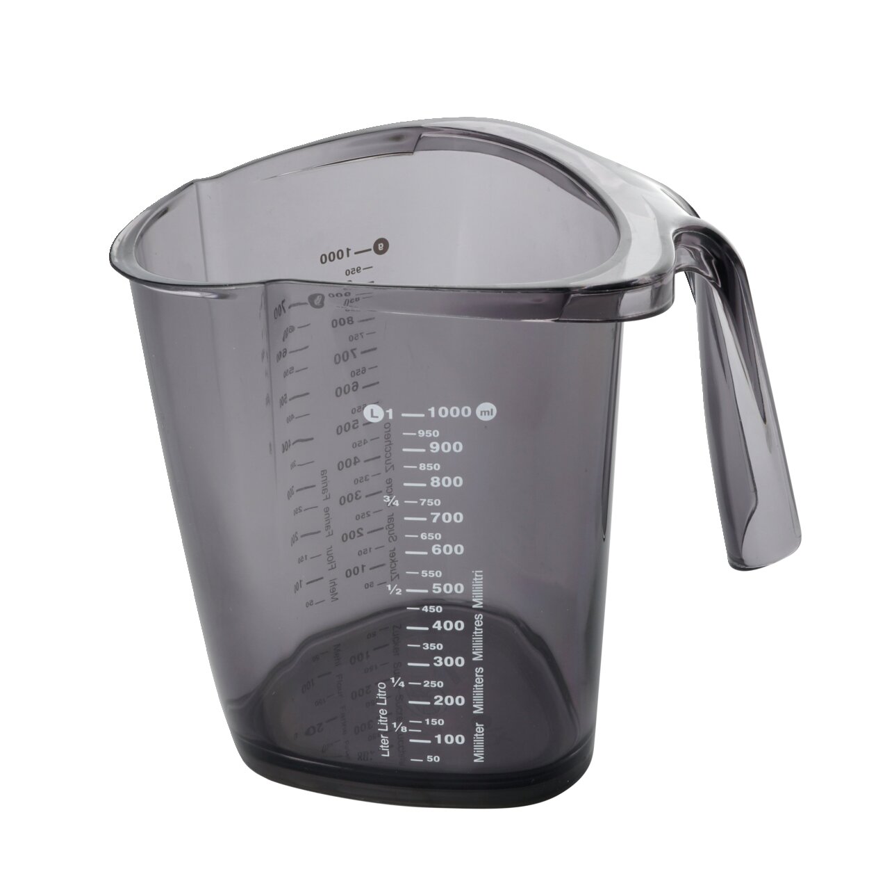 Transparenter Messbecher mit 1 Liter Fassungsvermögen, seitliche Skala, seitliche Perspektive