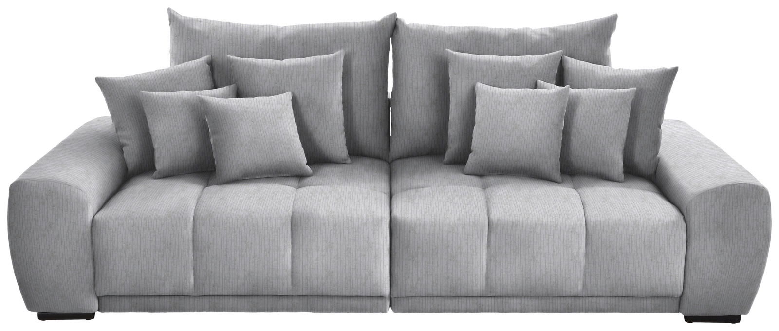 Großes, graues Big-Sofa mit mehreren Kissen, frontal betrachtet.