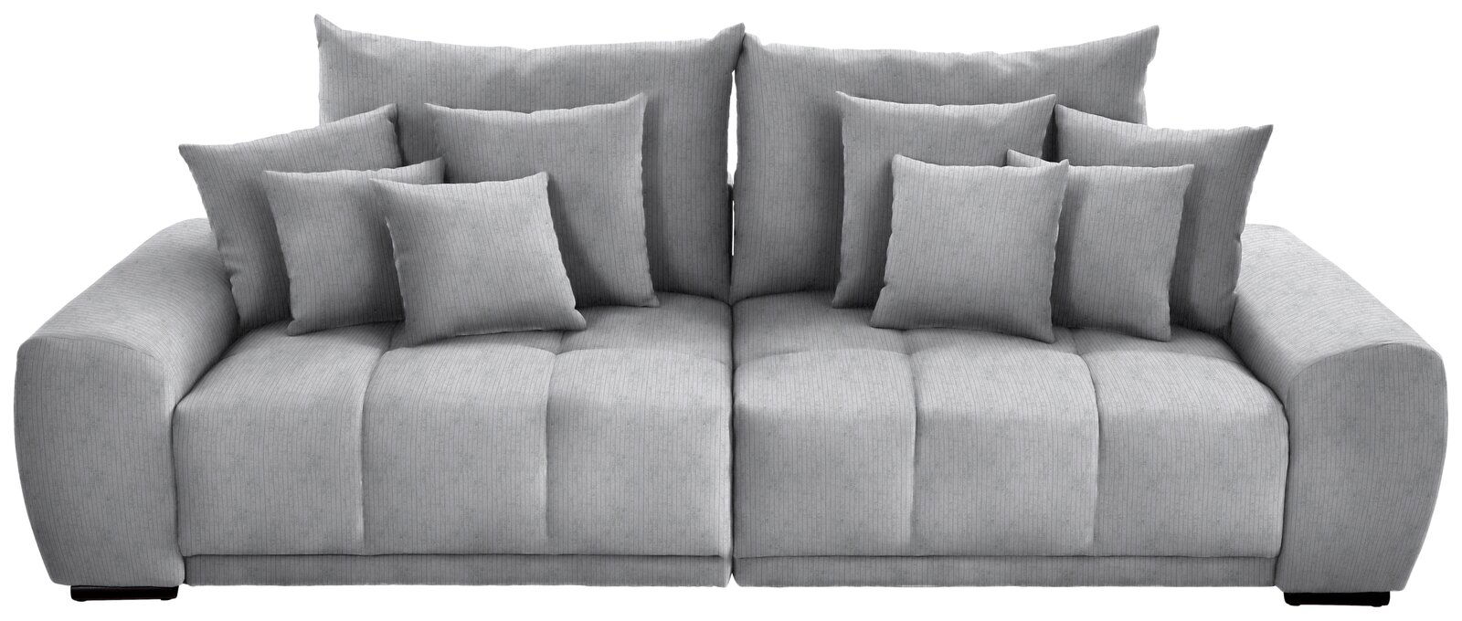 Großes, graues Big-Sofa mit mehreren Kissen, frontal betrachtet.