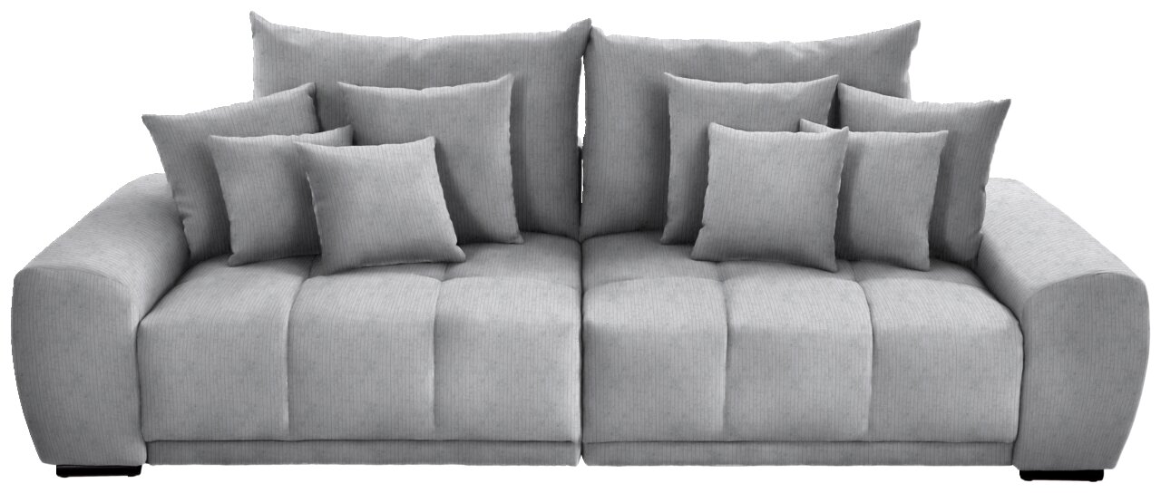Großes, graues Big-Sofa mit mehreren Kissen, frontal betrachtet.