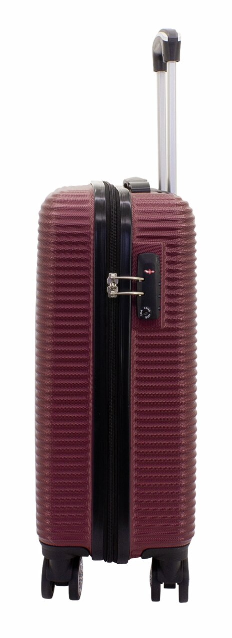 Burgunderfarbener Trolley, seitliche Ansicht, mit ausziehbarem Griff und vier Rollen.