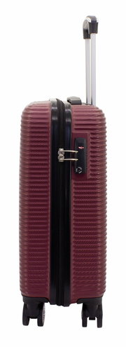 Burgunderfarbener Trolley, seitliche Ansicht, mit ausziehbarem Griff und vier Rollen.