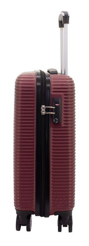 Burgunderfarbener Trolley, seitliche Ansicht, mit ausziehbarem Griff und vier Rollen.