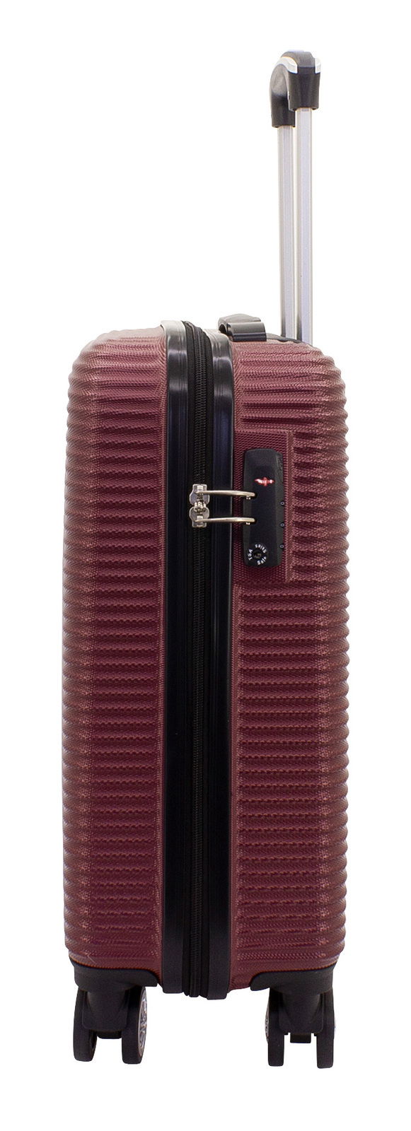 Burgunderfarbener Trolley, seitliche Ansicht, mit ausziehbarem Griff und vier Rollen.