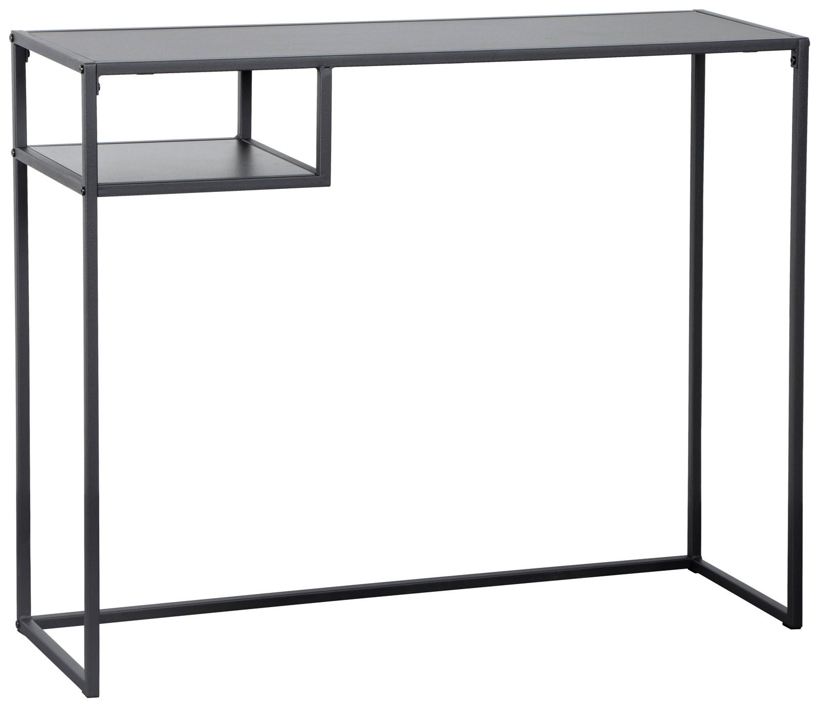 Moderner schwarzer Konsolentisch aus Metall mit minimalistischem Design und zusätzlicher Ablage, seitliche Perspektive