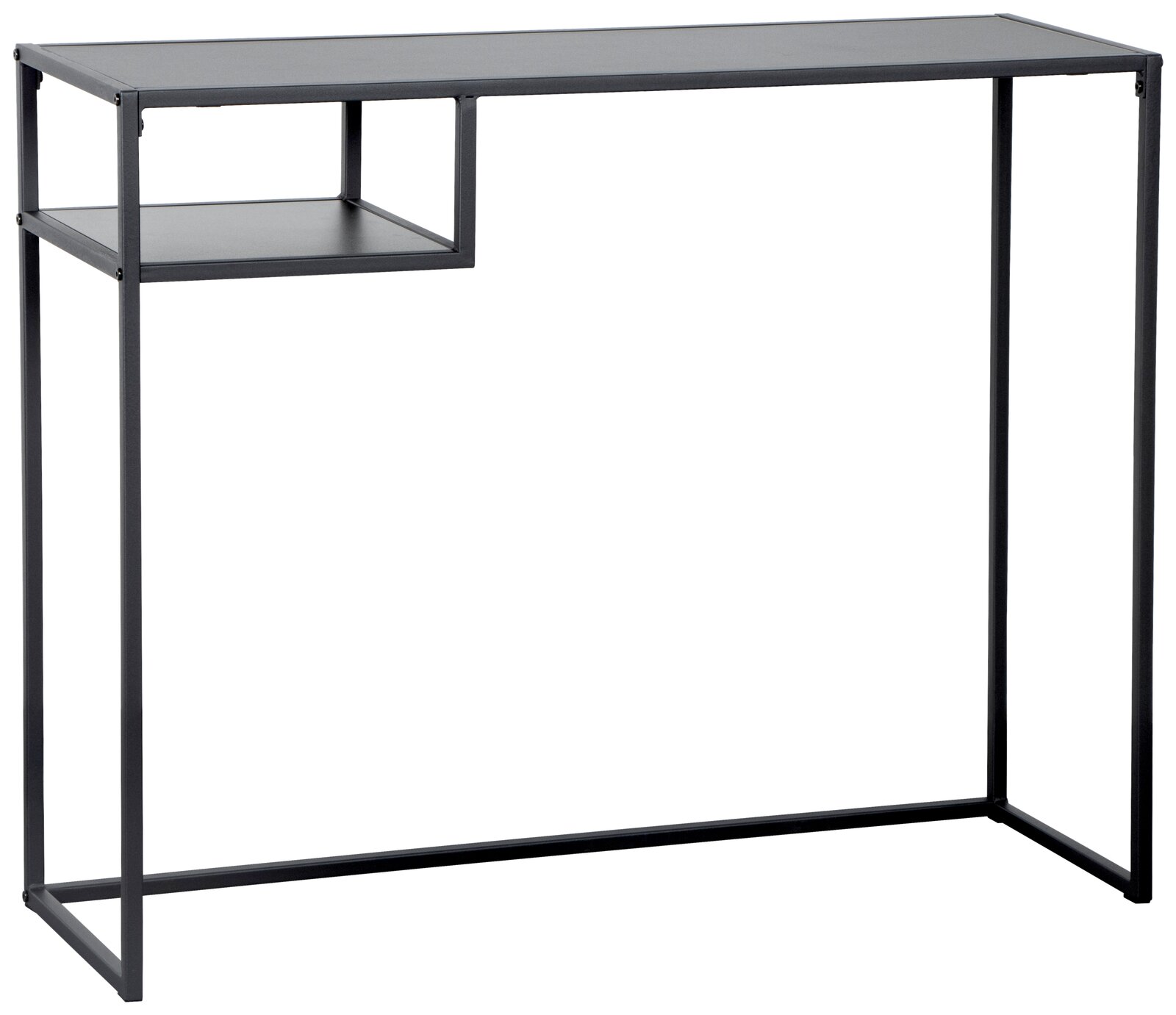 Moderner schwarzer Konsolentisch aus Metall mit minimalistischem Design und zusätzlicher Ablage, seitliche Perspektive