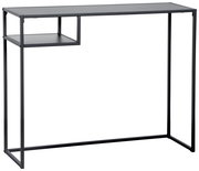 Moderner schwarzer Konsolentisch aus Metall mit minimalistischem Design und zusätzlicher Ablage, seitliche Perspektive