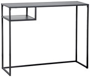 Moderner schwarzer Konsolentisch aus Metall mit minimalistischem Design und zusätzlicher Ablage, seitliche Perspektive