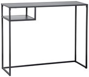 Moderner schwarzer Konsolentisch aus Metall mit minimalistischem Design und zusätzlicher Ablage, seitliche Perspektive