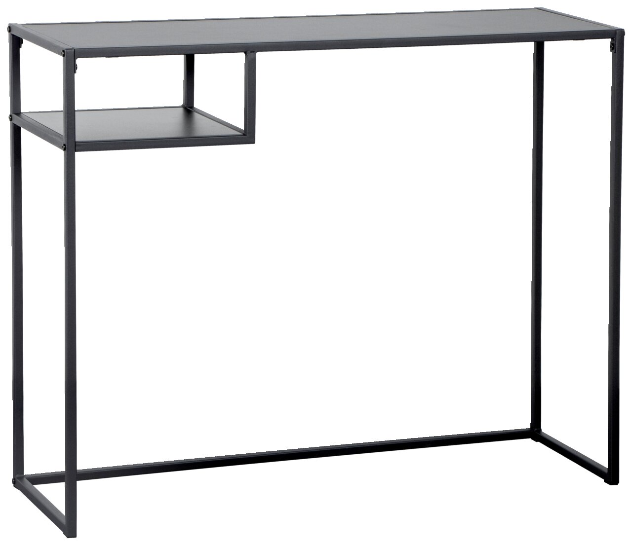 Moderner schwarzer Konsolentisch aus Metall mit minimalistischem Design und zusätzlicher Ablage, seitliche Perspektive