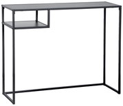 Moderner schwarzer Konsolentisch aus Metall mit minimalistischem Design und zusätzlicher Ablage, seitliche Perspektive