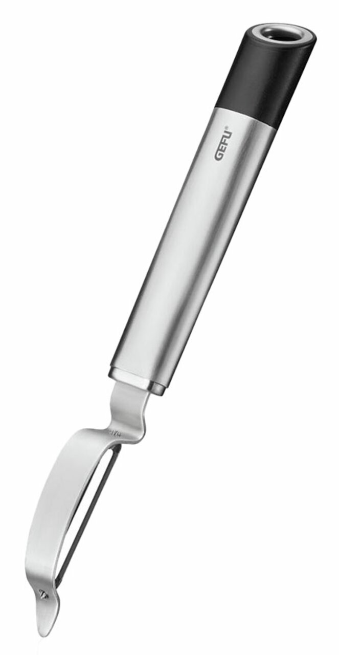 Pendelschäler PRIMELINE aus Edelstahl mit ergonomischem Griff, seitliche Ansicht