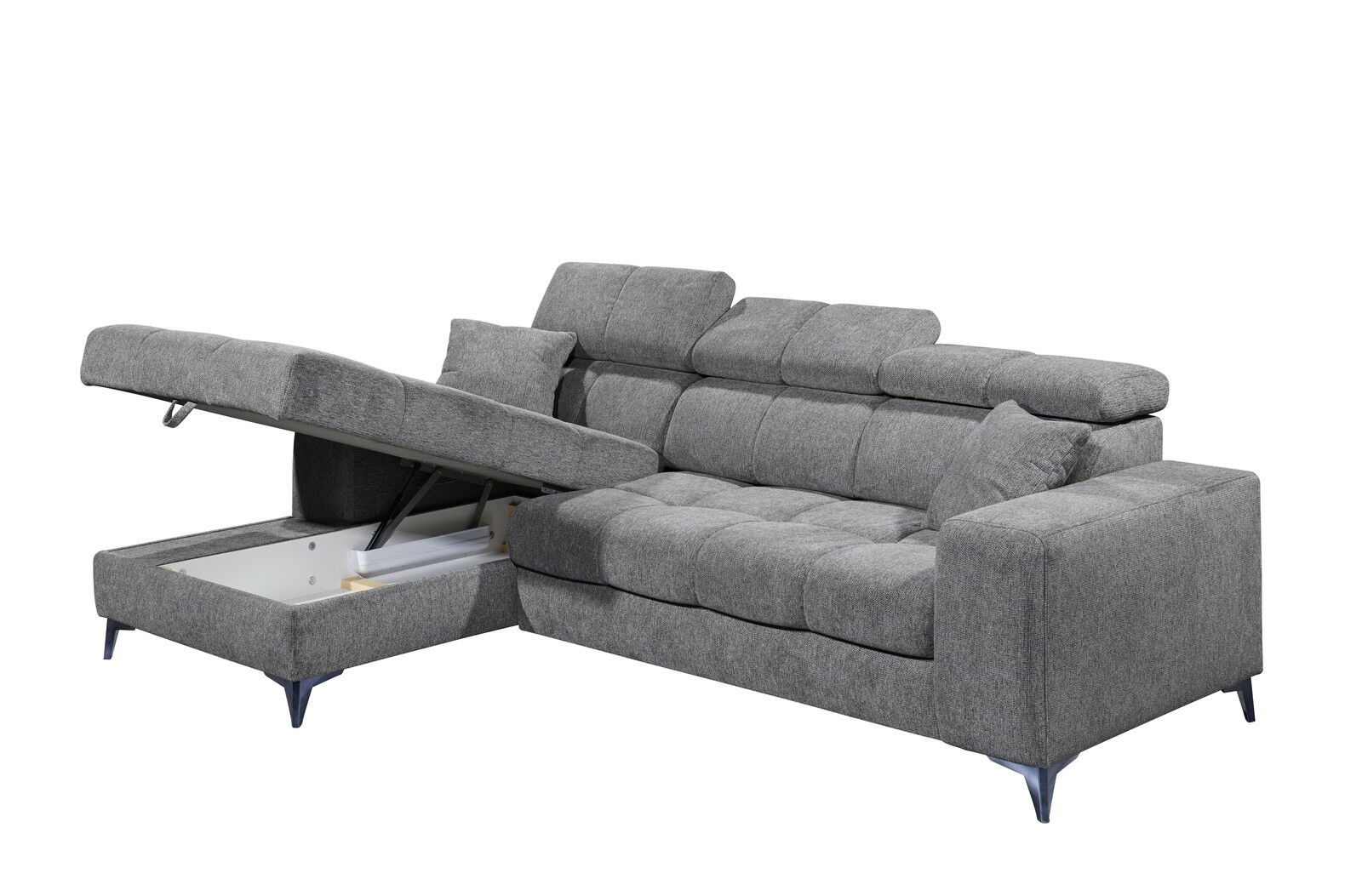 Graues Ecksofa mit verstellbarer Rückenlehne und Stauraum, seitliche Perspektive