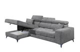 Graues Ecksofa mit verstellbarer Rückenlehne und Stauraum, seitliche Perspektive