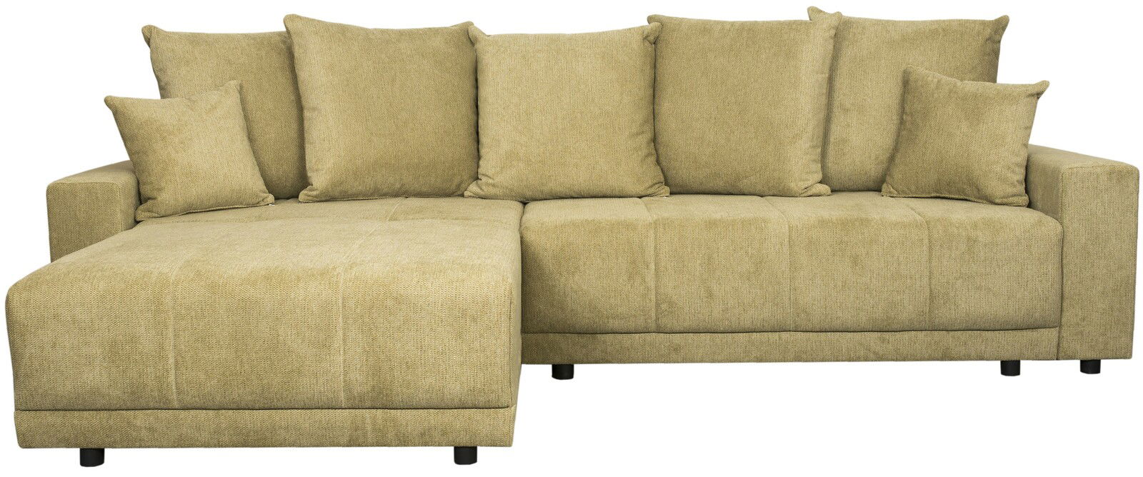 Beige Rundecke mit mehreren Kissen, Perspektive von vorne