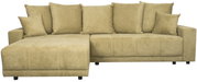 Beige Rundecke mit mehreren Kissen, Perspektive von vorne