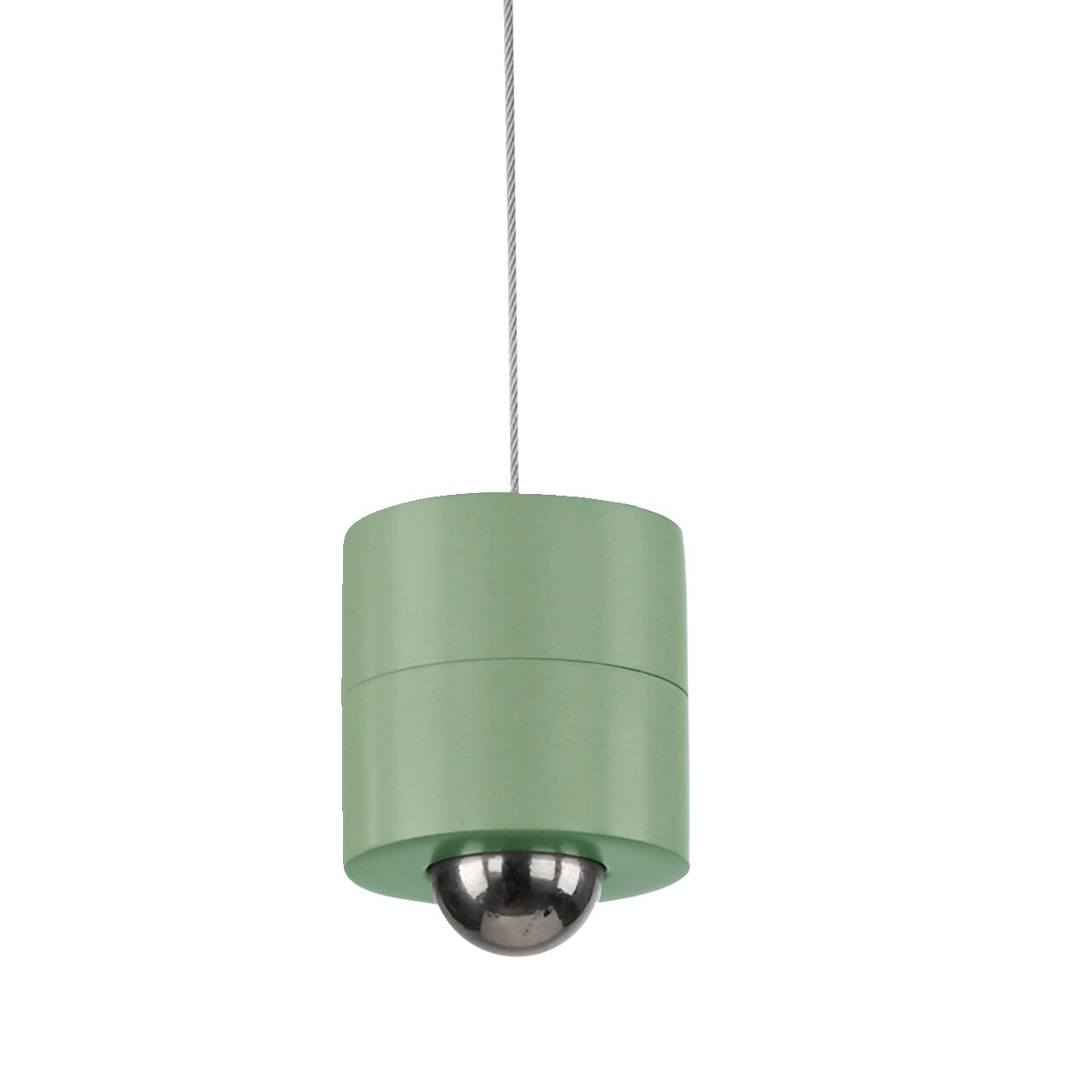 Groene hanglamp op accu met cilindrisch ontwerp en zilveren bol, zijaanzicht