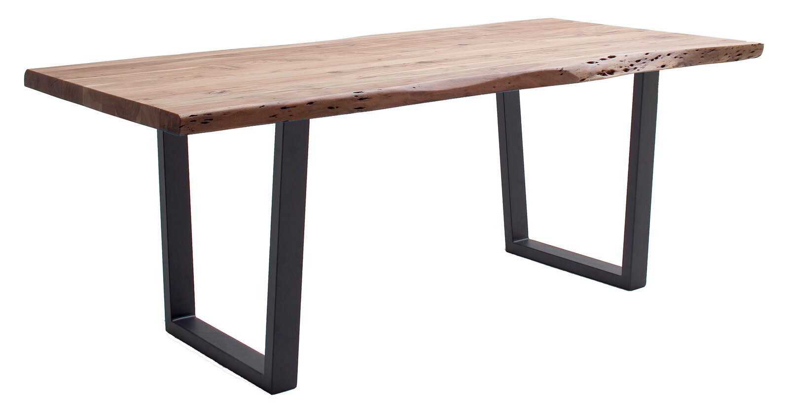 Moderner Esstisch aus Holz mit Metallbeinen, seitliche Perspektive