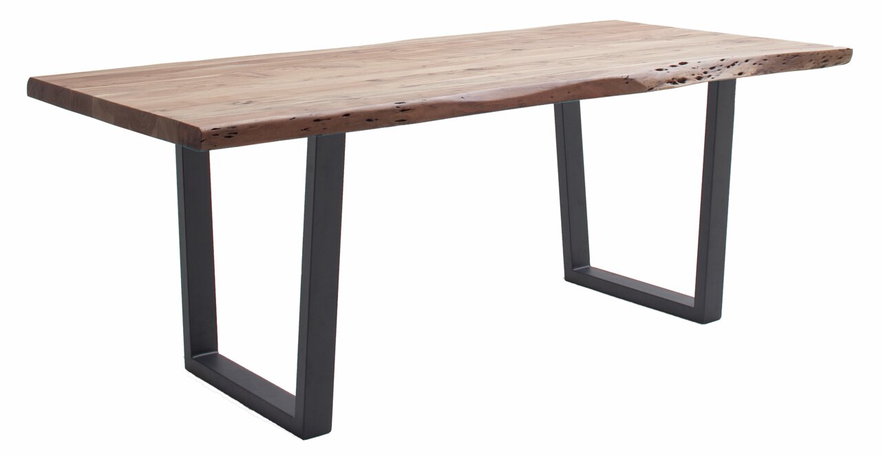 Moderner Esstisch aus Holz mit Metallbeinen, seitliche Perspektive