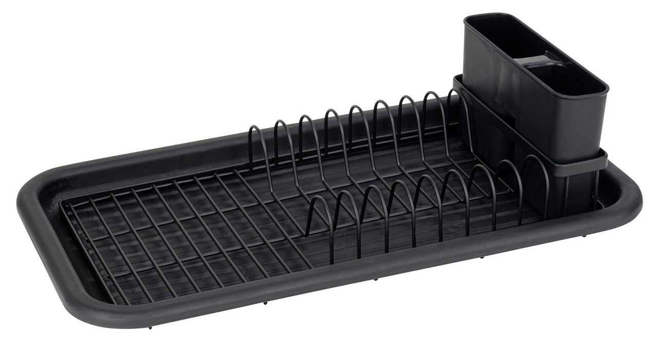 Schwarzer Geschirrabtropfständer mit Besteckhalter, seitliche Perspektive