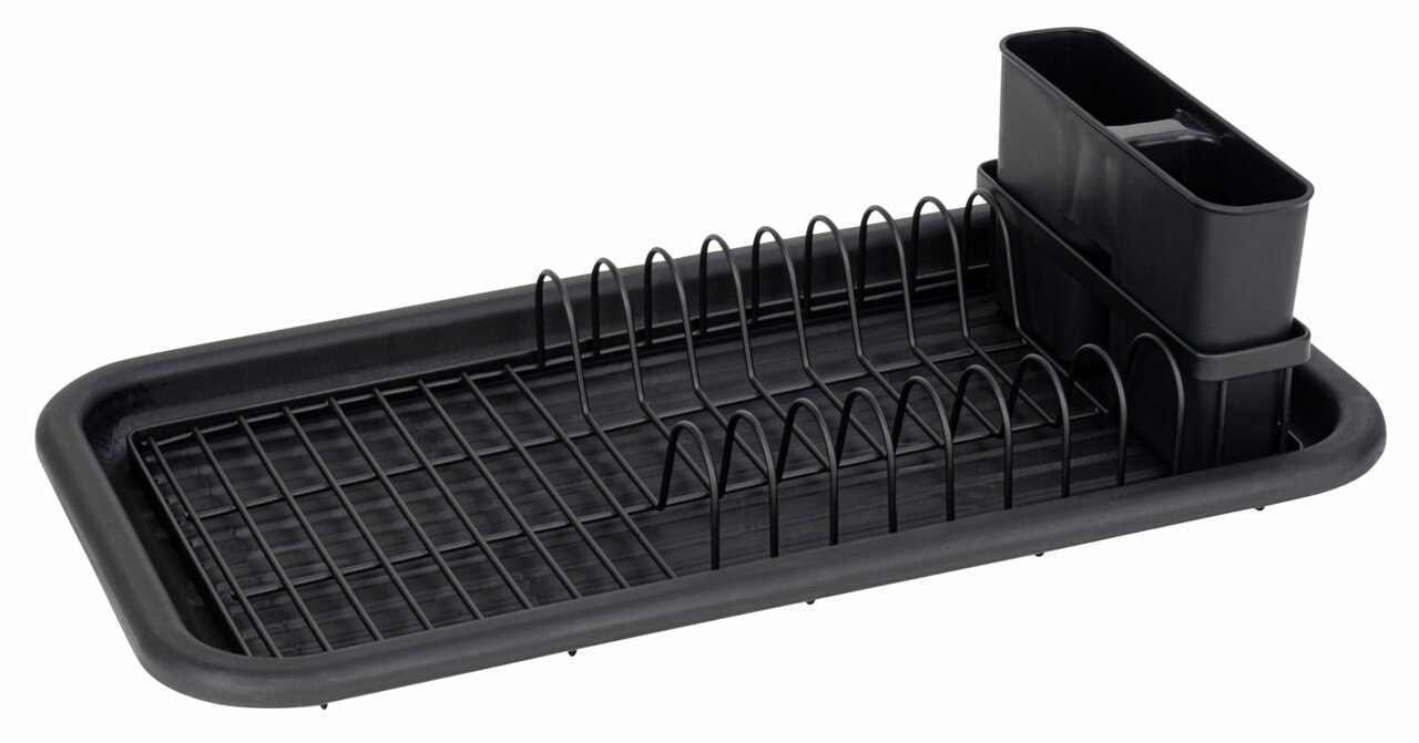 Schwarzer Geschirrabtropfständer mit Besteckhalter, seitliche Perspektive