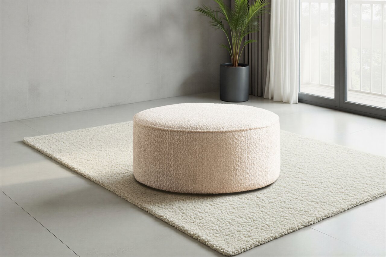 Sofa Schmiede Grote ronde kruk SSK QUEBEC Grote ronde poef met crèmekleurige textuur, op een tapijt in een moderne woonkamer met uitzicht op een raam.