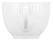 Weiße Kaffeetasse mit geriffeltem Design, seitliche Perspektive