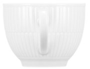 Weiße Kaffeetasse mit geriffeltem Design, seitliche Perspektive