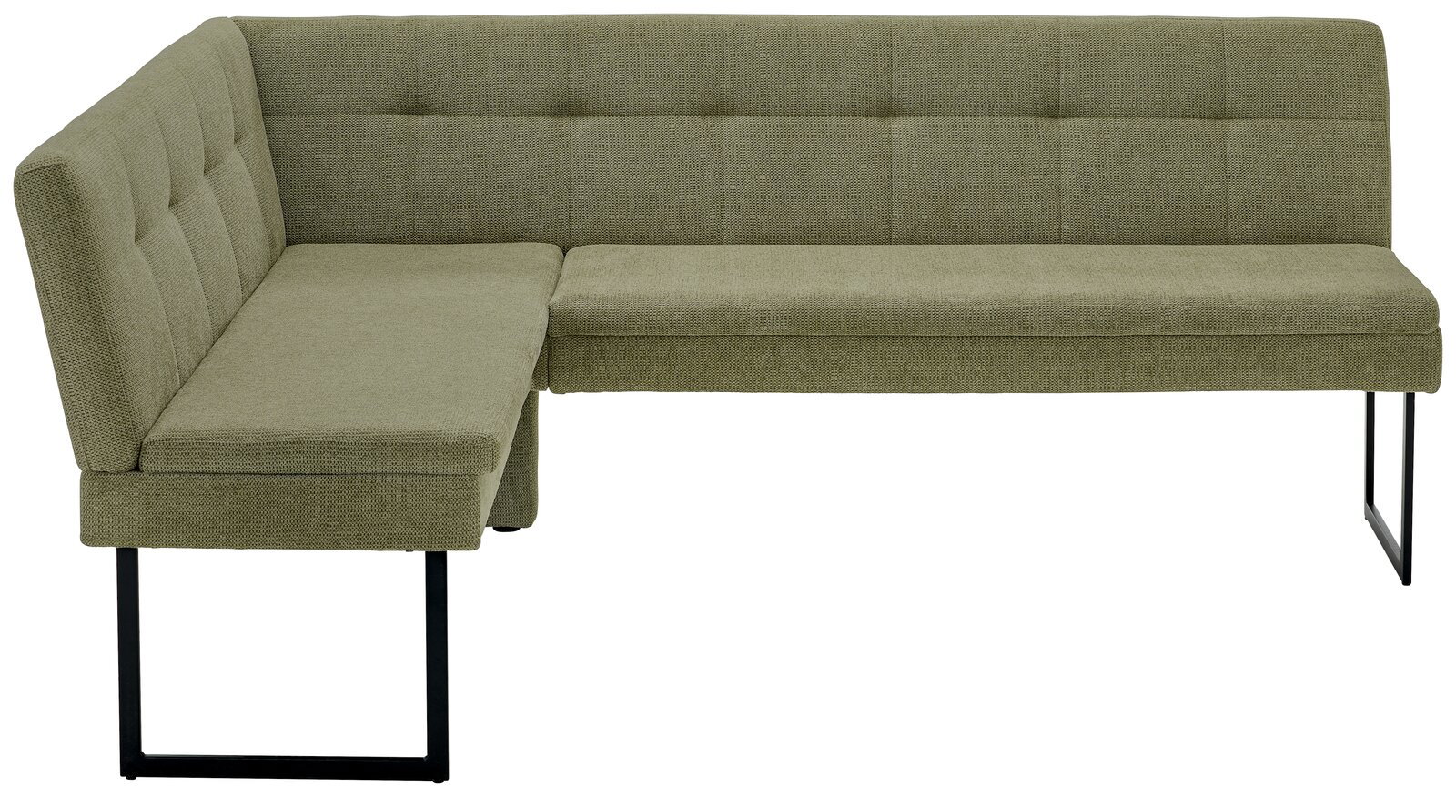 Grüne Eckbank mit schwarzem Metallgestell, perspektivisch von vorne links gesehen