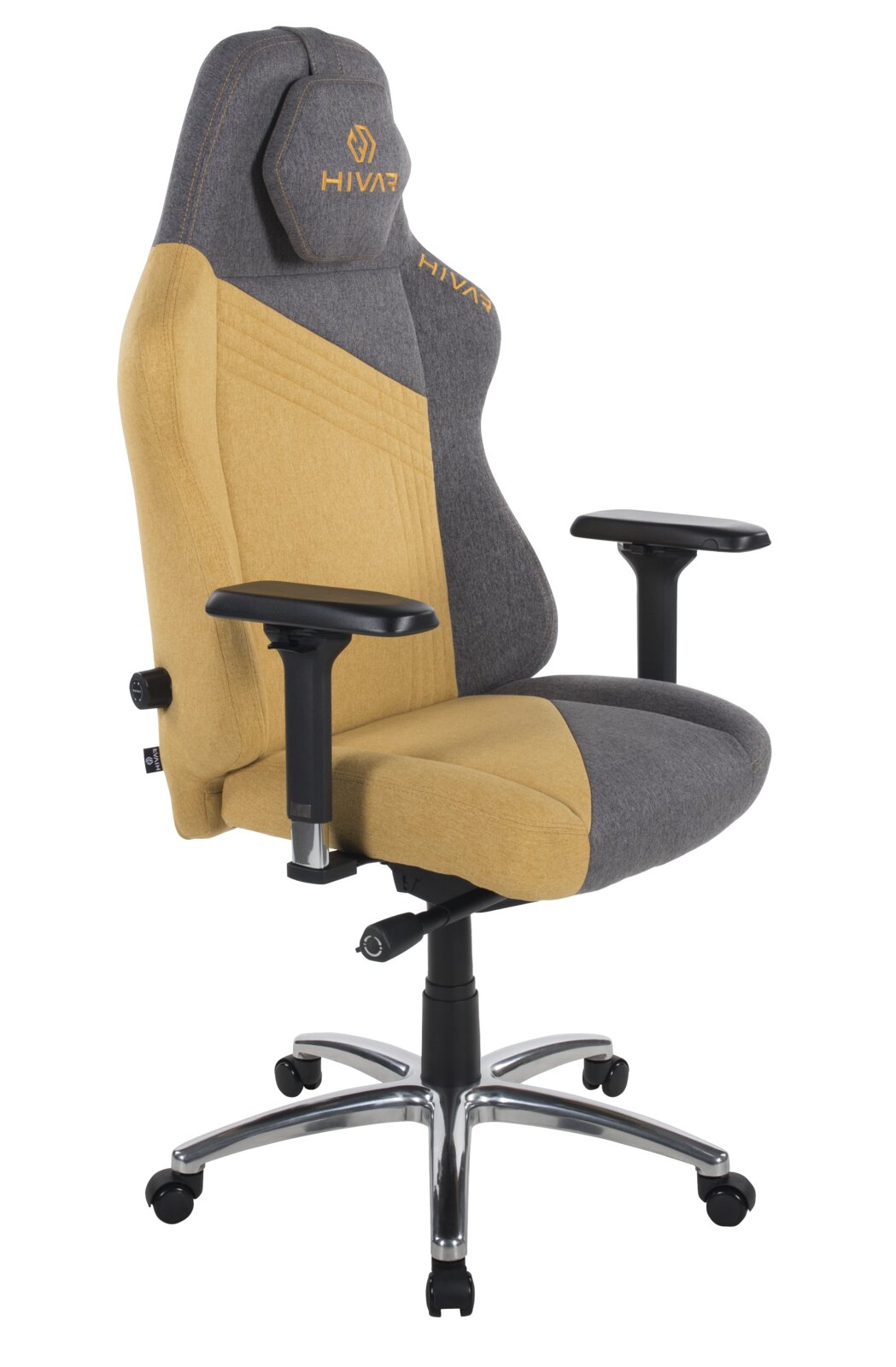 HIVAR Gaming Stuhl SKYLAR XL Gaming Stuhl in Seitenansicht mit grauem und gelbem Stoffbezug, verstellbaren Armlehnen und stabiler Metallbasis.
